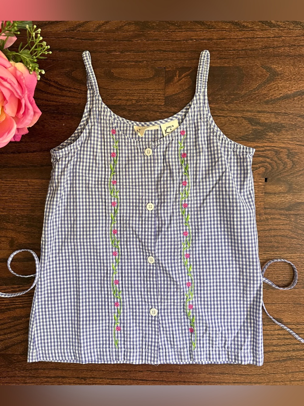 LL Bean blue & white gingham top with floral embroidery, size 8